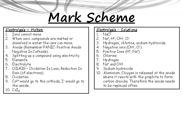 Mark Scheme Electrolysis – Molten 1. Ions cannot move 2. When ionic compounds are