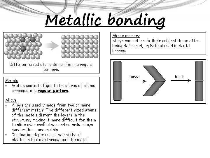Metallic bonding Shape memory Alloys can return to their original shape after being deformed,