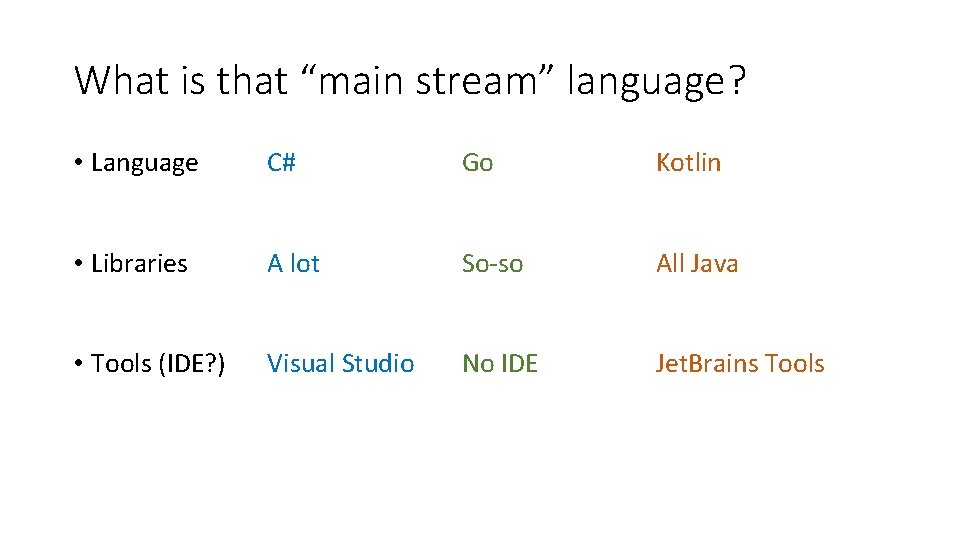 What is that “main stream” language? • Language C# Go Kotlin • Libraries A