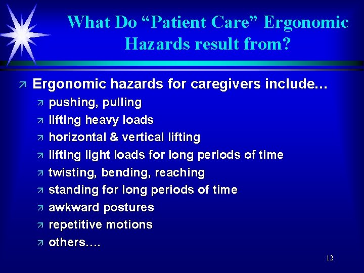 What Do “Patient Care” Ergonomic Hazards result from? ä Ergonomic hazards for caregivers include…