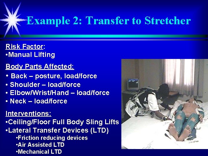 Example 2: Transfer to Stretcher Risk Factor: • Manual Lifting Body Parts Affected: •