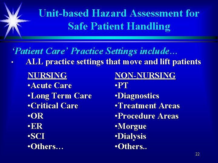 Unit-based Hazard Assessment for Safe Patient Handling ‘Patient Care’ Practice Settings include… • ALL