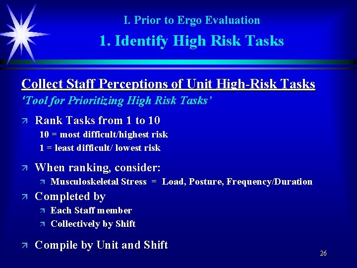 I. Prior to Ergo Evaluation 1. Identify High Risk Tasks Collect Staff Perceptions of