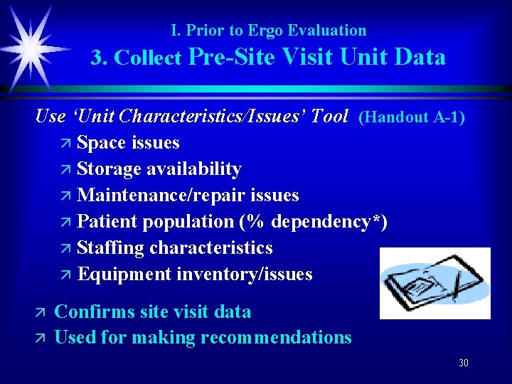 I. Prior to Ergo Evaluation 3. Collect Pre-Site Visit Unit Data Use ‘Unit Characteristics/Issues’