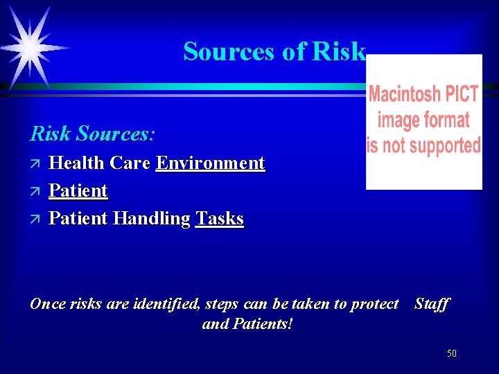 Sources of Risk Sources: ä ä ä Health Care Environment Patient Handling Tasks Once