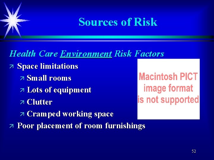 Sources of Risk Health Care Environment Risk Factors ä ä Space limitations ä Small