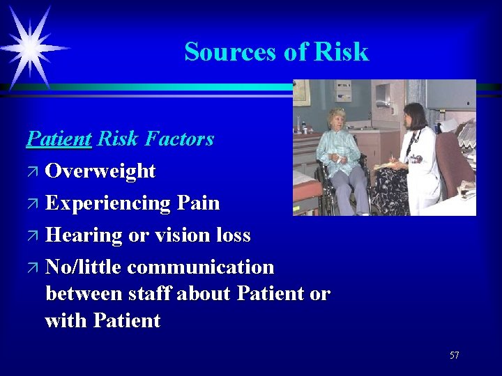 Sources of Risk Patient Risk Factors ä Overweight ä Experiencing Pain ä Hearing or