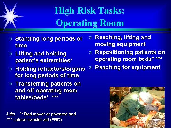 High Risk Tasks: Operating Room ä ä Standing long periods of time Lifting and
