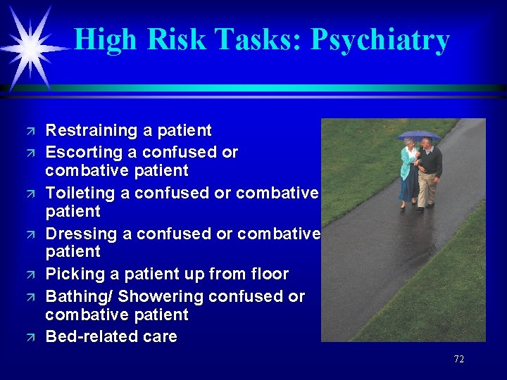 High Risk Tasks: Psychiatry ä ä ä ä Restraining a patient Escorting a confused
