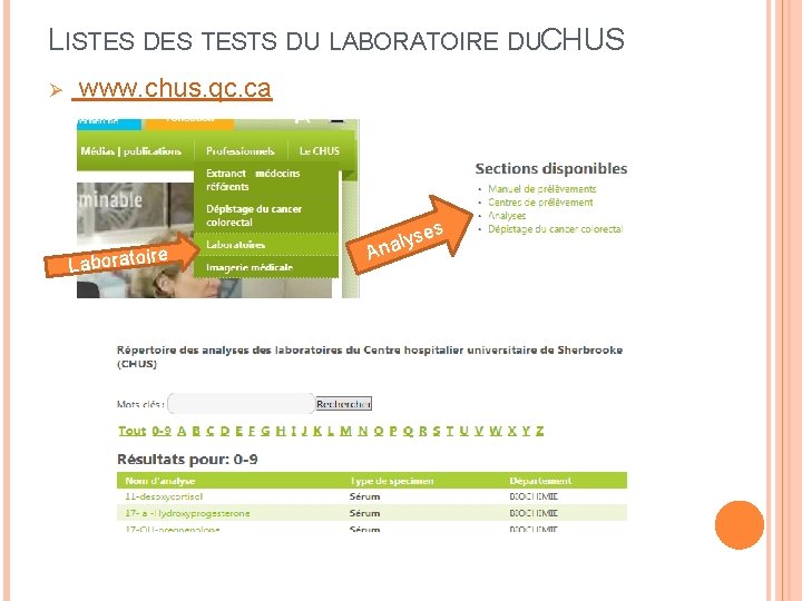 LISTES DES TESTS DU LABORATOIRE DUC HUS Ø www. chus. qc. ca e Laboratoir