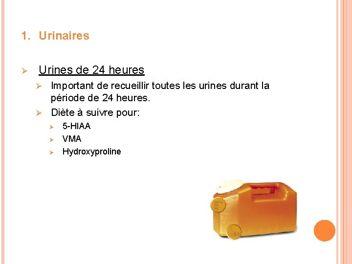 1. Urinaires Ø Urines de 24 heures Important de recueillir toutes les urines durant