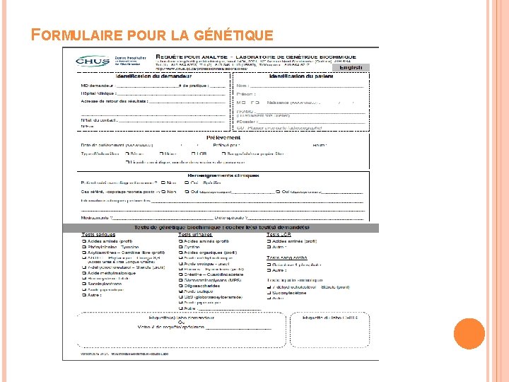 FORMULAIRE POUR LA GÉNÉTIQUE 