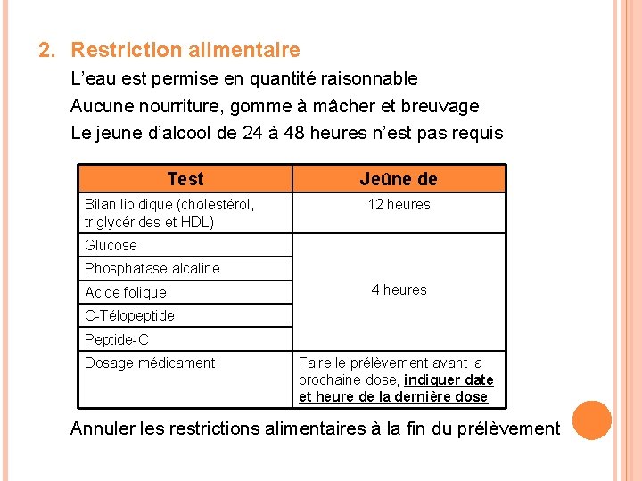 2. Restriction alimentaire L’eau est permise en quantité raisonnable Aucune nourriture, gomme à mâcher