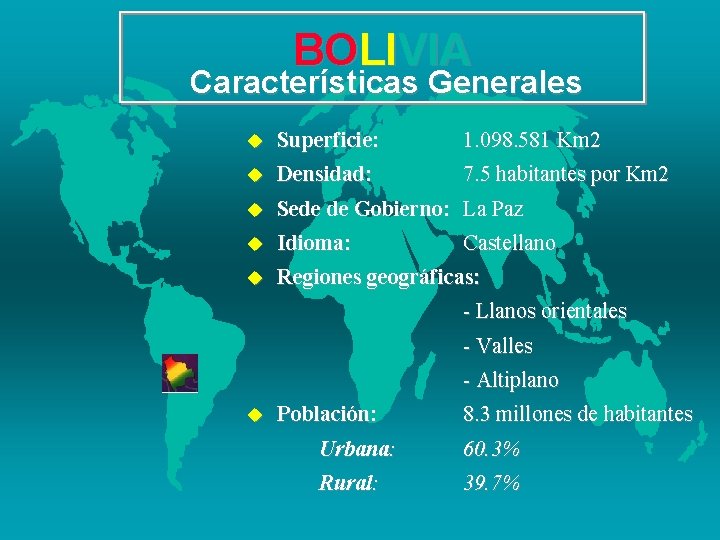 BOLIVIA Características Generales u Superficie: 1. 098. 581 Km 2 u Densidad: 7. 5