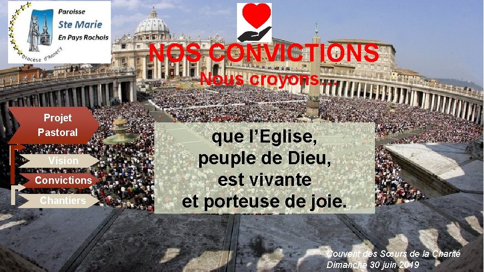 NOS CONVICTIONS Nous croyons… Projet Pastoral Vision Convictions Chantiers que l’Eglise, peuple de Dieu,