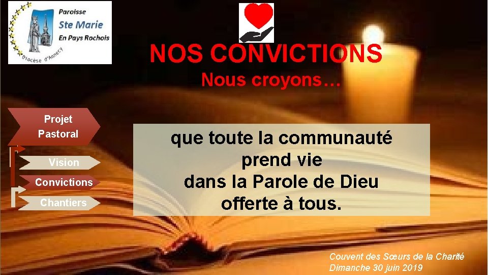 NOS CONVICTIONS Nous croyons… Projet Pastoral Vision Convictions Chantiers que toute la communauté prend