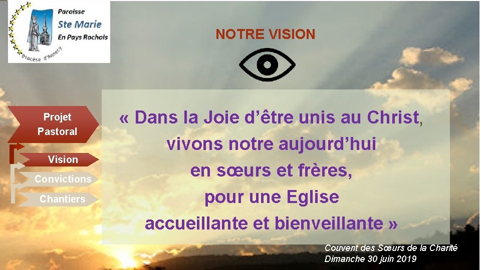 NOTRE VISION Projet Pastoral Vision Convictions Chantiers « Dans la Joie d’être unis au