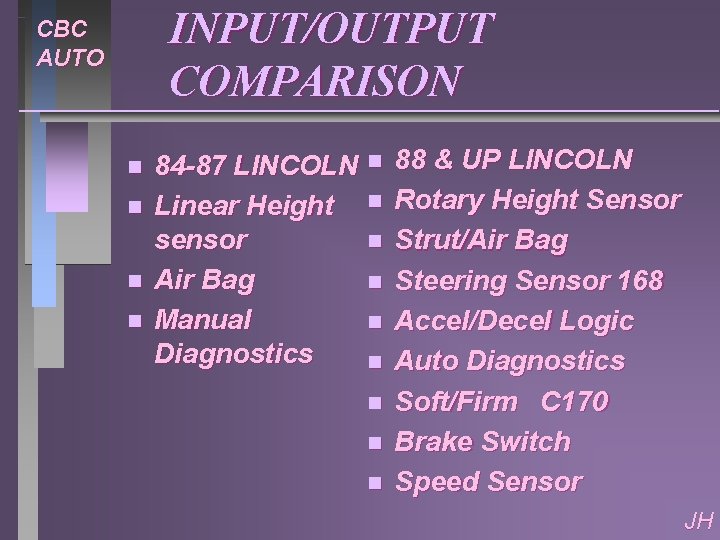 INPUT/OUTPUT COMPARISON CBC AUTO n n 84 -87 LINCOLN n Linear Height n sensor