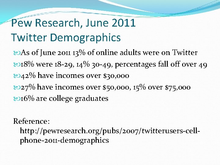 Pew Research, June 2011 Twitter Demographics As of June 2011 13% of online adults