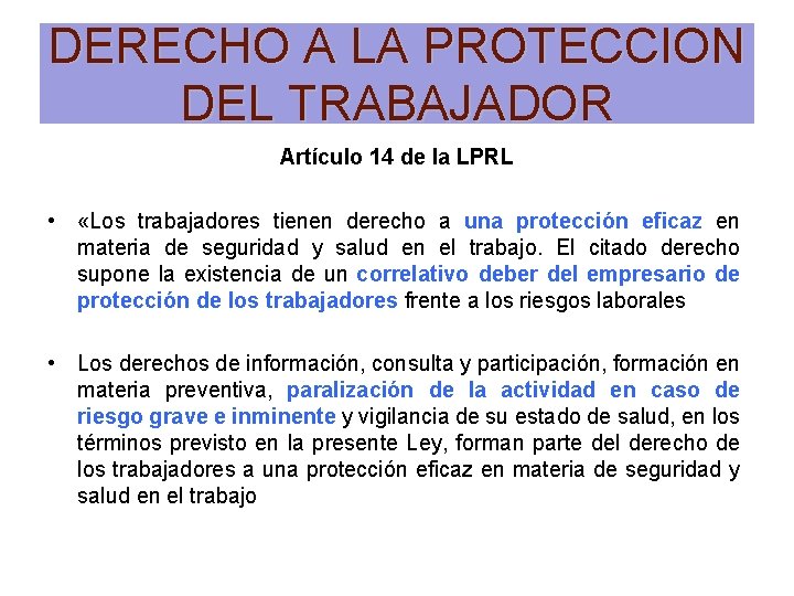 DERECHO A LA PROTECCION DEL TRABAJADOR Artículo 14 de la LPRL • «Los trabajadores