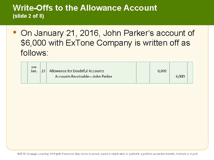 Write-Offs to the Allowance Account (slide 2 of 8) • On January 21, 2016,