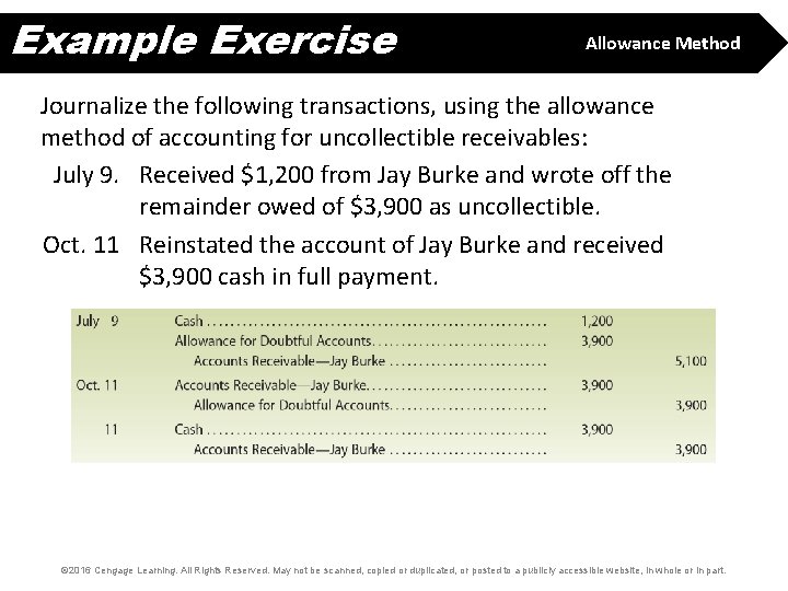 Example Exercise Allowance Method Journalize the following transactions, using the allowance method of accounting