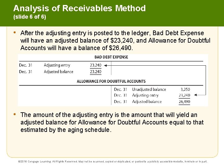 Analysis of Receivables Method (slide 6 of 6) • After the adjusting entry is