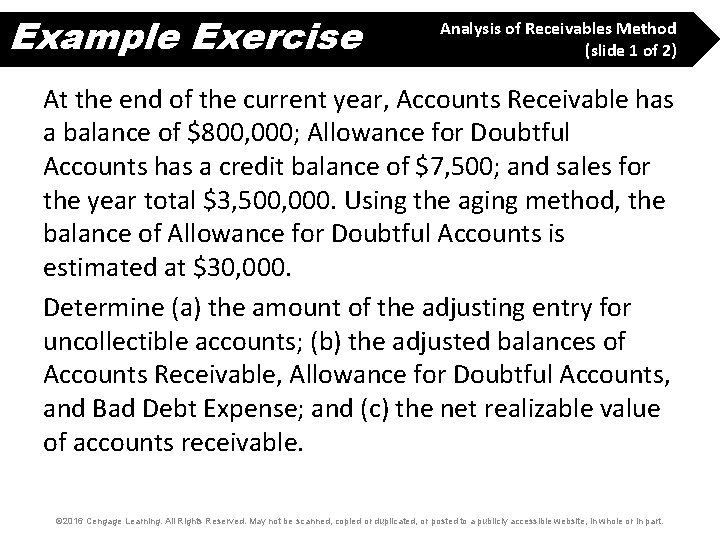 Example Exercise Analysis of Receivables Method (slide 1 of 2) At the end of