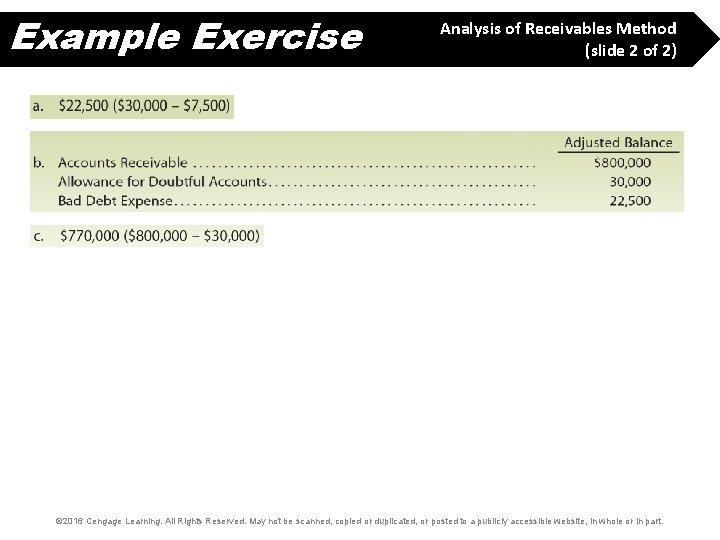 Example Exercise Analysis of Receivables Method (slide 2 of 2) © 2016 Cengage Learning.
