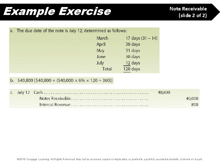 Example Exercise Note Receivable (slide 2 of 2) © 2016 Cengage Learning. All Rights