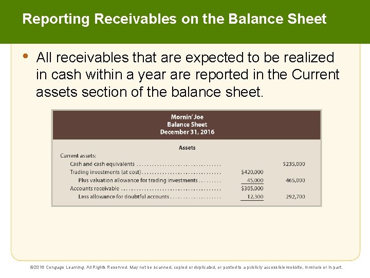 Reporting Receivables on the Balance Sheet • All receivables that are expected to be