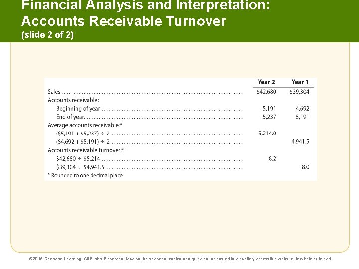 Financial Analysis and Interpretation: Accounts Receivable Turnover (slide 2 of 2) © 2016 Cengage