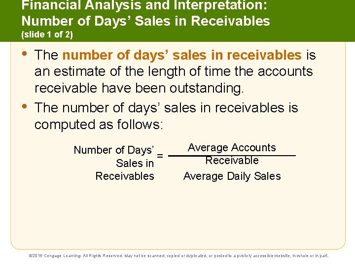 Financial Analysis and Interpretation: Number of Days’ Sales in Receivables (slide 1 of 2)