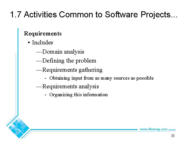 1. 7 Activities Common to Software Projects. . . Requirements • Includes —Domain analysis