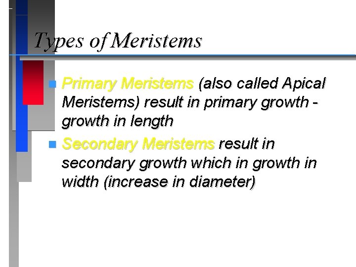 Types of Meristems Primary Meristems (also called Apical Meristems) result in primary growth in