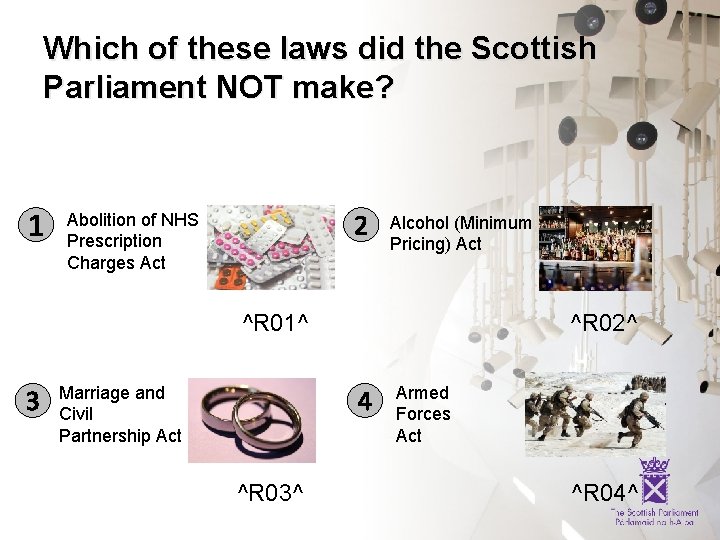 Which of these laws did the Scottish Parliament NOT make? 1 2 Abolition of
