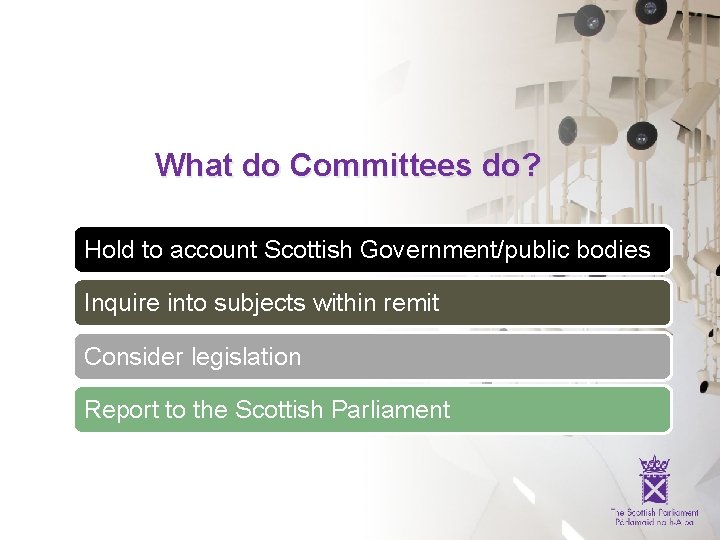 What do Committees do? Hold to account Scottish Government/public bodies Inquire into subjects within