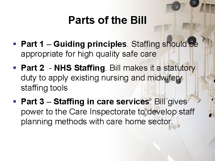 Parts of the Bill § Part 1 – Guiding principles. Staffing should be appropriate
