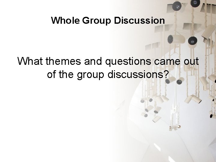 Whole Group Discussion What themes and questions came out of the group discussions? 