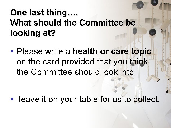 One last thing…. What should the Committee be looking at? § Please write a