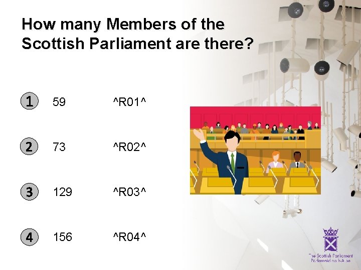 How many Members of the Scottish Parliament are there? 1 59 ^R 01^ 2