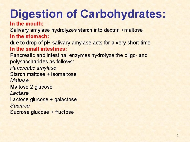Digestion of Carbohydrates: In the mouth: Salivary amylase hydrolyzes starch into dextrin +maltose In