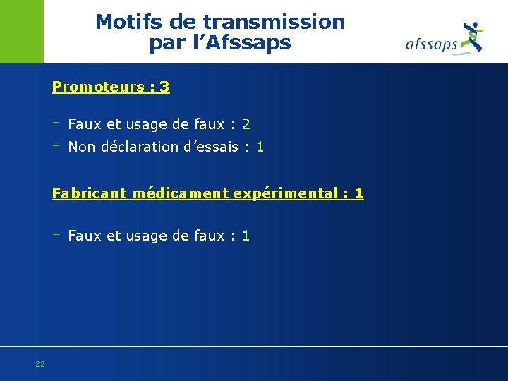 Motifs de transmission par l’Afssaps Promoteurs : 3 - Faux et usage de faux