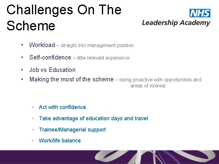 Challenges On The Scheme • Workload – straight into management position • Self-confidence –