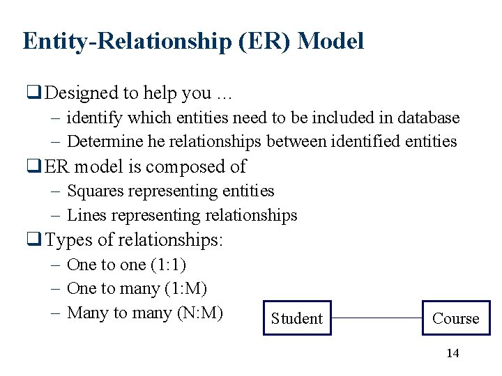 Entity-Relationship (ER) Model q Designed to help you … – identify which entities need Entity-Relationship (ER) Model q Designed to help you … – identify which entities need