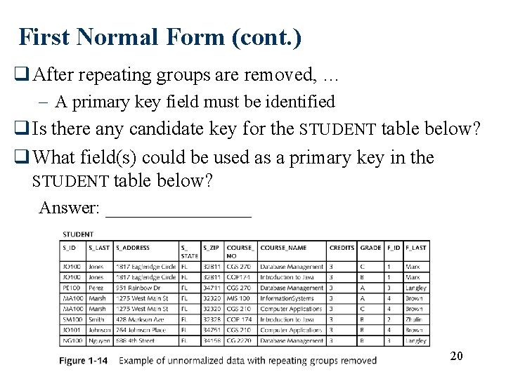First Normal Form (cont. ) q After repeating groups are removed, … – A First Normal Form (cont. ) q After repeating groups are removed, … – A