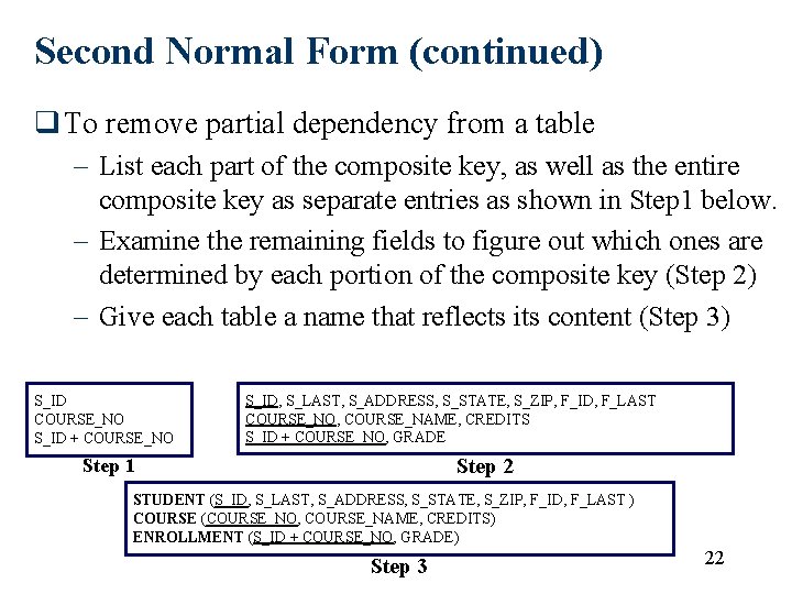 Second Normal Form (continued) q To remove partial dependency from a table – List Second Normal Form (continued) q To remove partial dependency from a table – List