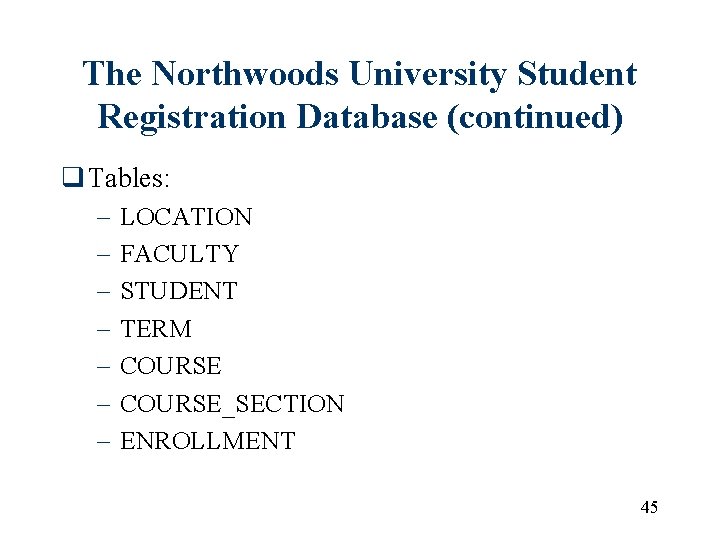 The Northwoods University Student Registration Database (continued) q Tables: – – – – LOCATION The Northwoods University Student Registration Database (continued) q Tables: – – – – LOCATION