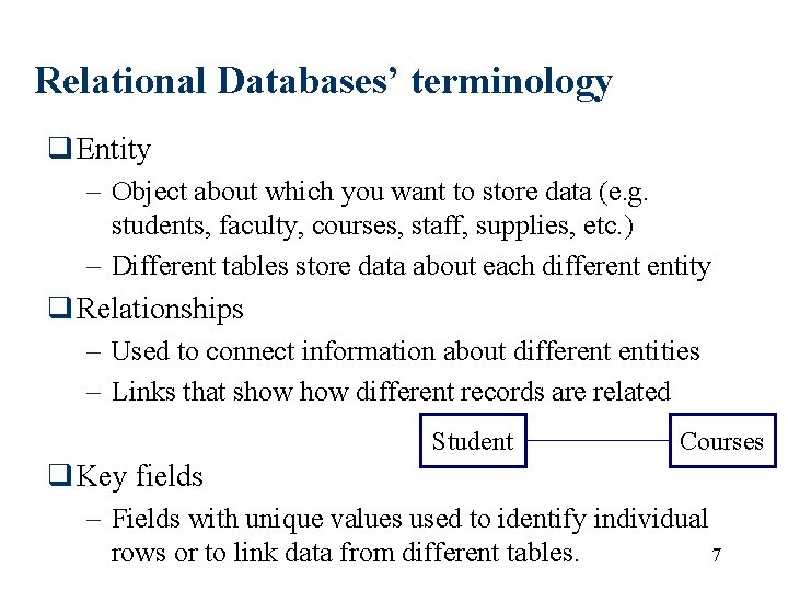 Relational Databases’ terminology q Entity – Object about which you want to store data Relational Databases’ terminology q Entity – Object about which you want to store data