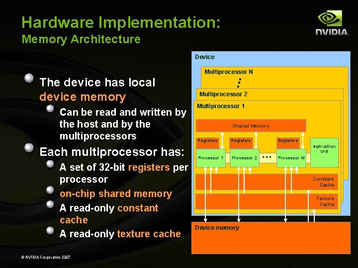 Hardware Implementation: Memory Architecture Device Multiprocessor N The device has local device memory Can